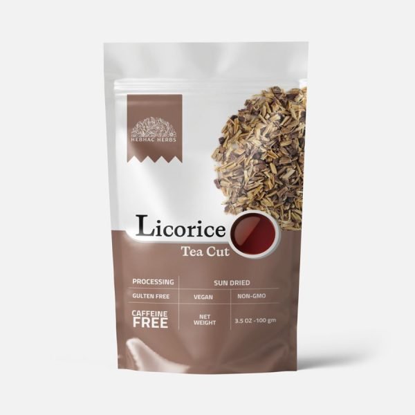 Golden-brown licorice root pieces, finely cut and ready for brewing, offering a naturally sweet and soothing herbal tea experience.